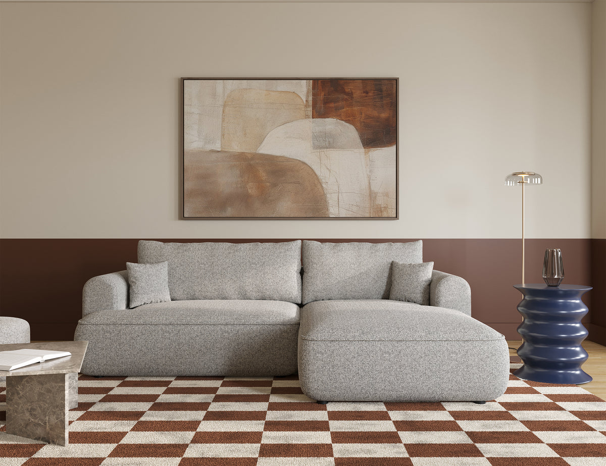Canapé d'angle avec fonction couchage Ovo en forme de L, tissage gris-beige, orientation droite