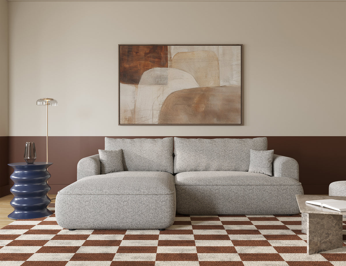 Canapé d'angle avec fonction couchage Ovo en forme de L, tissage gris-beige, côté gauche