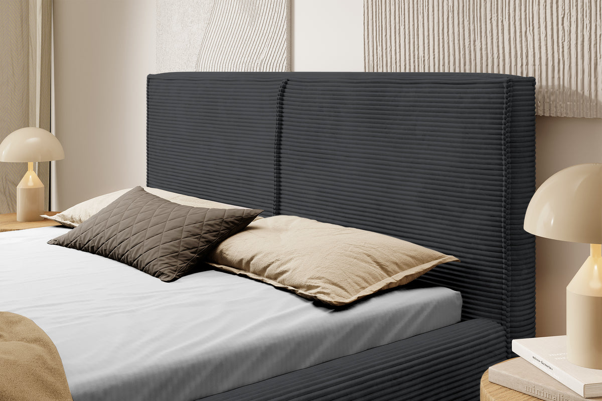 Lit tapissé 160x200 cm Farese avec rangement et vérin à gaz, velours côtelé gris foncé