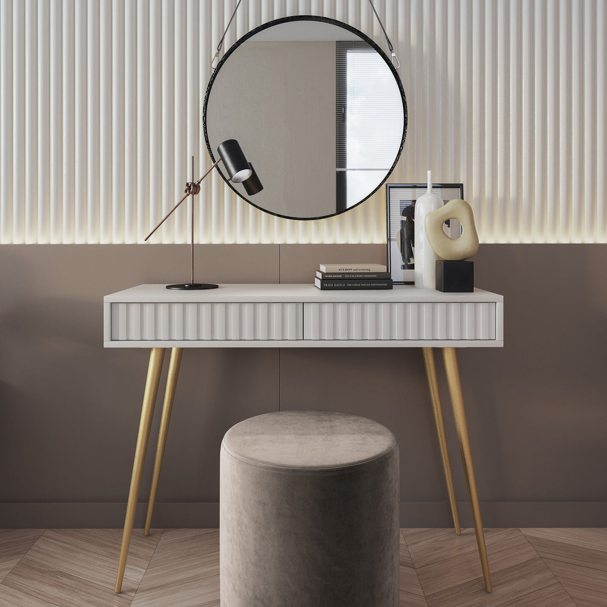 Coiffeuse Bello 104 cm blanche avec pieds dorés