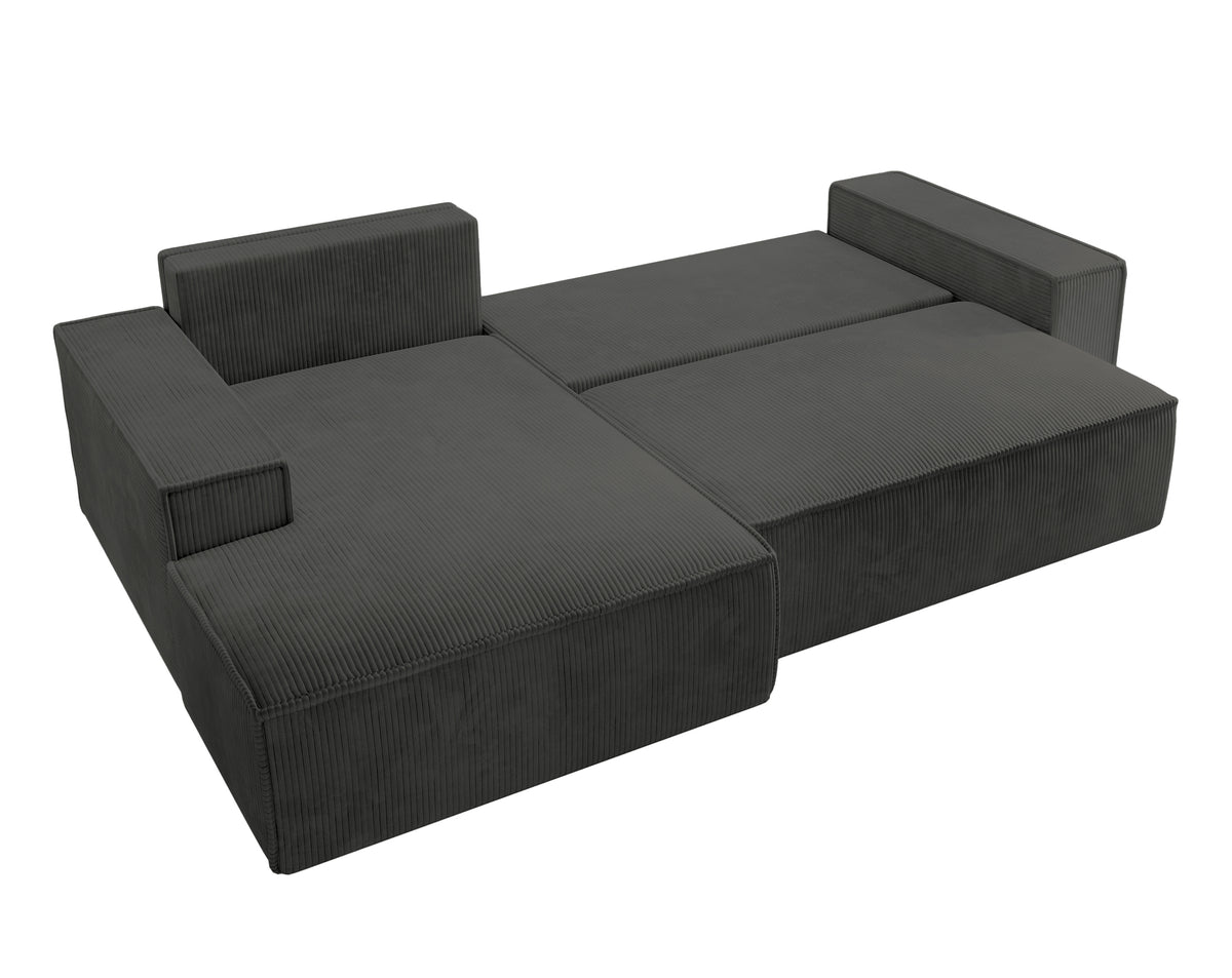 Canapé d'angle avec fonction couchage Farese New en velours côtelé gris foncé, côté gauche, avec rangement