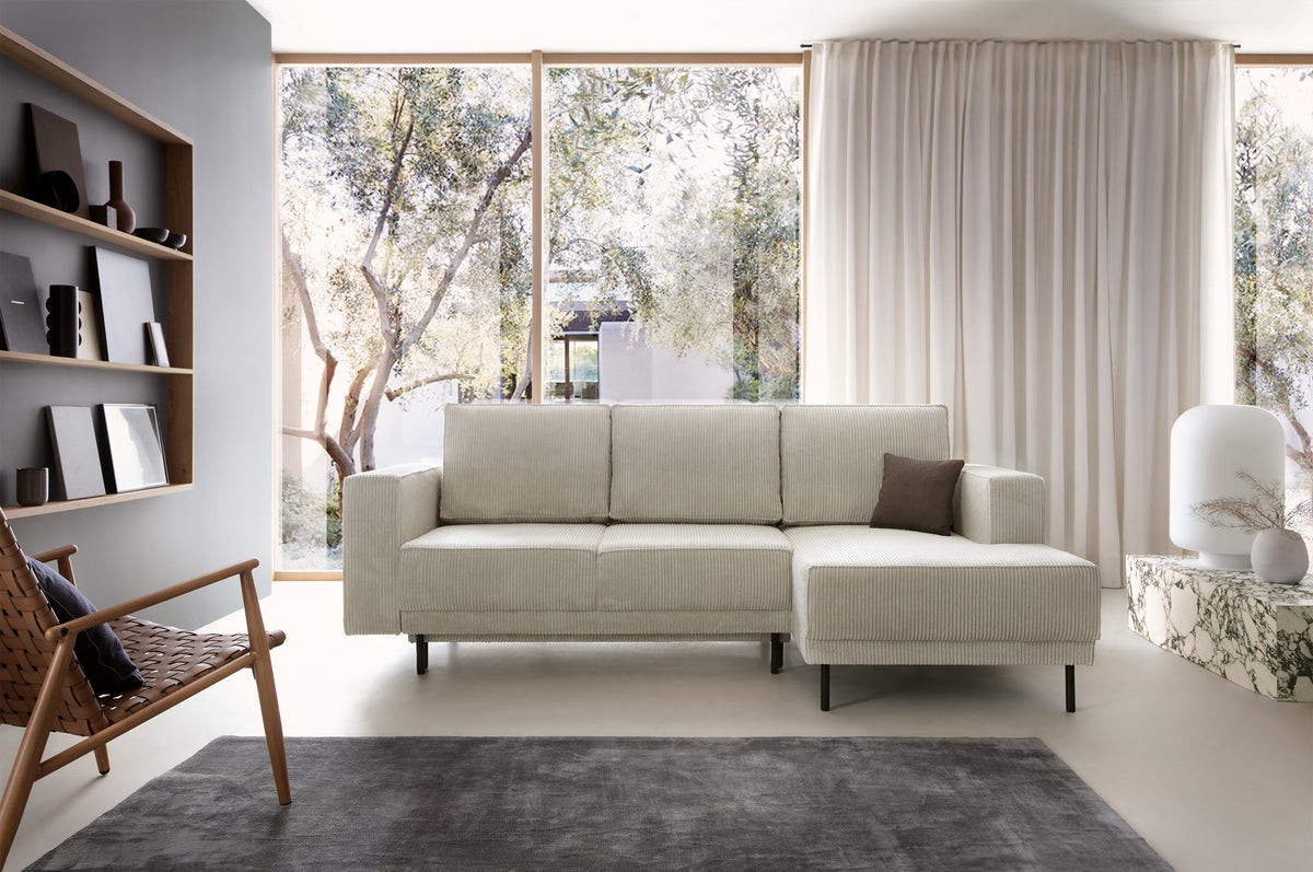 Canapé d'angle avec fonction couchage Rodario mini en L, velours côtelé gris beige, coffre de rangement, version droite