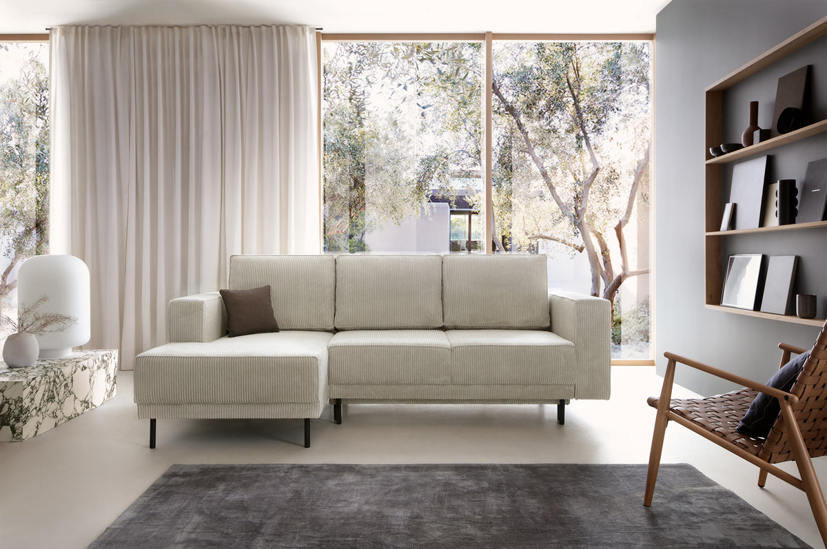 Canapé d'angle avec fonction couchage Rodario mini en L, avec coffre de rangement, velours côtelé gris-beige, version gauche