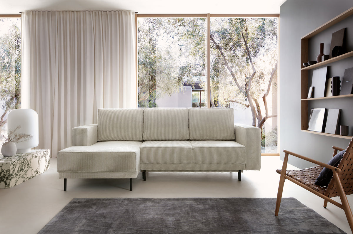Canapé d'angle avec fonction couchage Rodario mini en L, avec coffre de rangement, velours côtelé gris-beige, version gauche