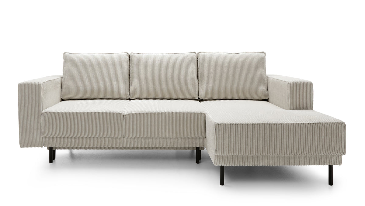 Canapé d'angle avec fonction couchage Rodario mini en L, velours côtelé gris beige, coffre de rangement, version droite