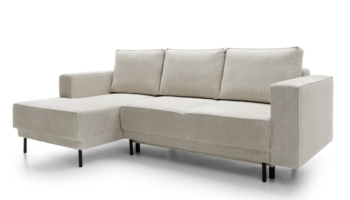 Canapé d'angle avec fonction couchage Rodario mini en L, avec coffre de rangement, velours côtelé gris-beige, version gauche