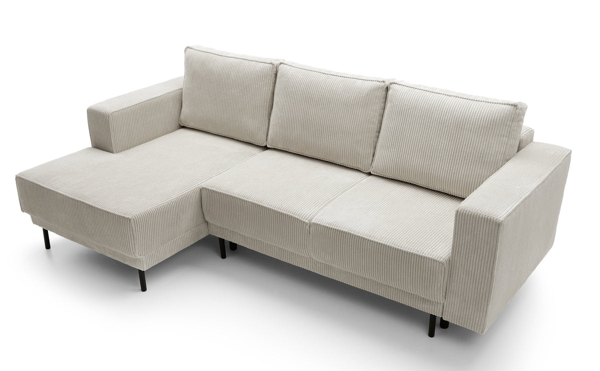 Canapé d'angle avec fonction couchage Rodario mini en L, avec coffre de rangement, velours côtelé gris-beige, version gauche