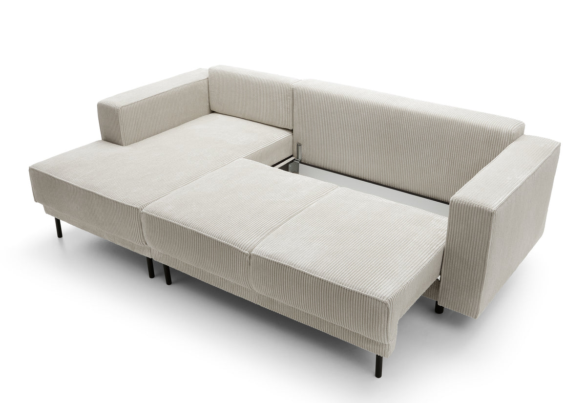 Canapé d'angle avec fonction couchage Rodario mini en L, avec coffre de rangement, velours côtelé gris-beige, version gauche