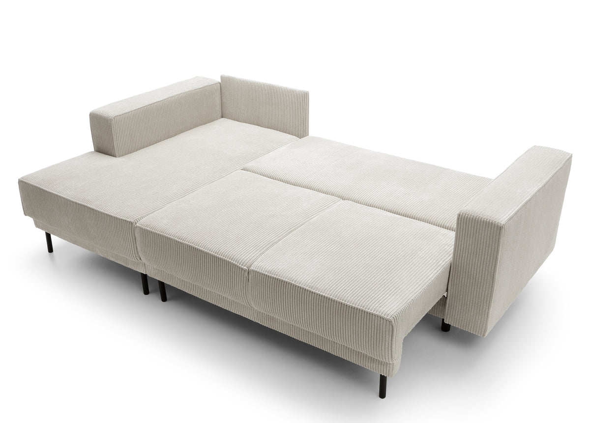 Canapé d'angle avec fonction couchage Rodario mini en L, avec coffre de rangement, velours côtelé gris-beige, version gauche