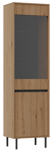Zweiflügelige Vitrine Osaka mit geriffelter Front, 56 cm, Eiche Evoke auf schwarzen Beinen