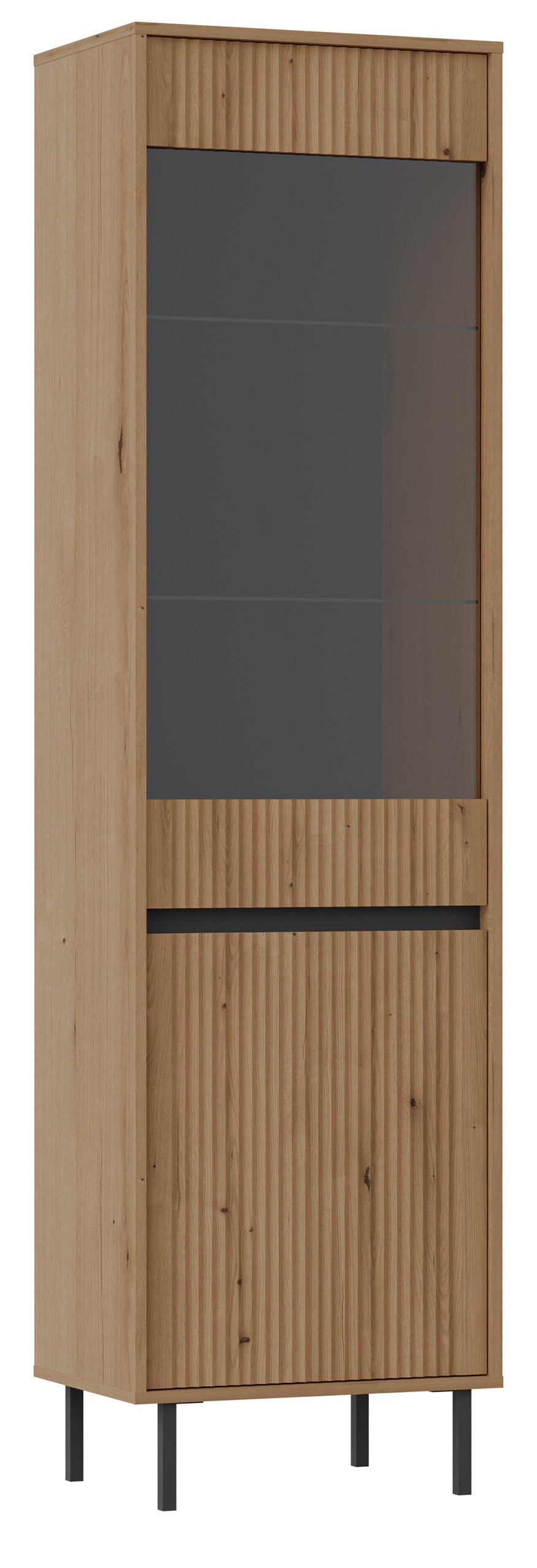 Zweiflügelige Vitrine Osaka mit geriffelter Front, 56 cm, Eiche Evoke auf schwarzen Beinen