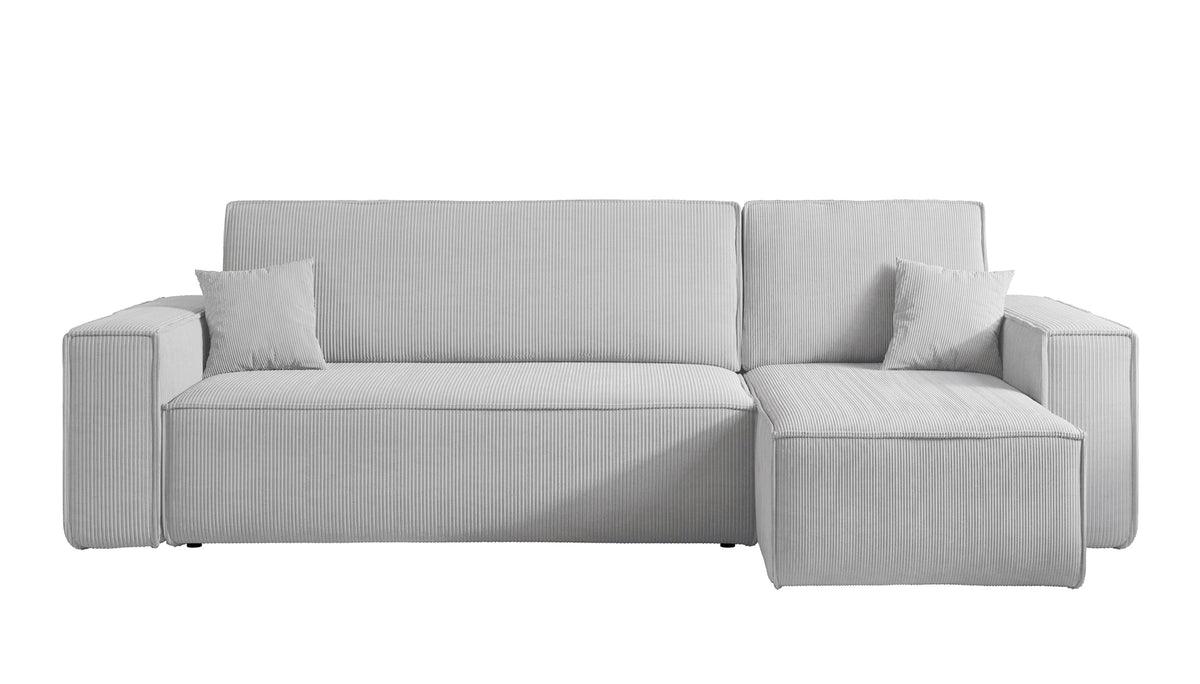 Ecksofa mit Schlaffunktion Scarlo, L-förmig, mit Stauraum, universell, hellgrauer Cordstoff