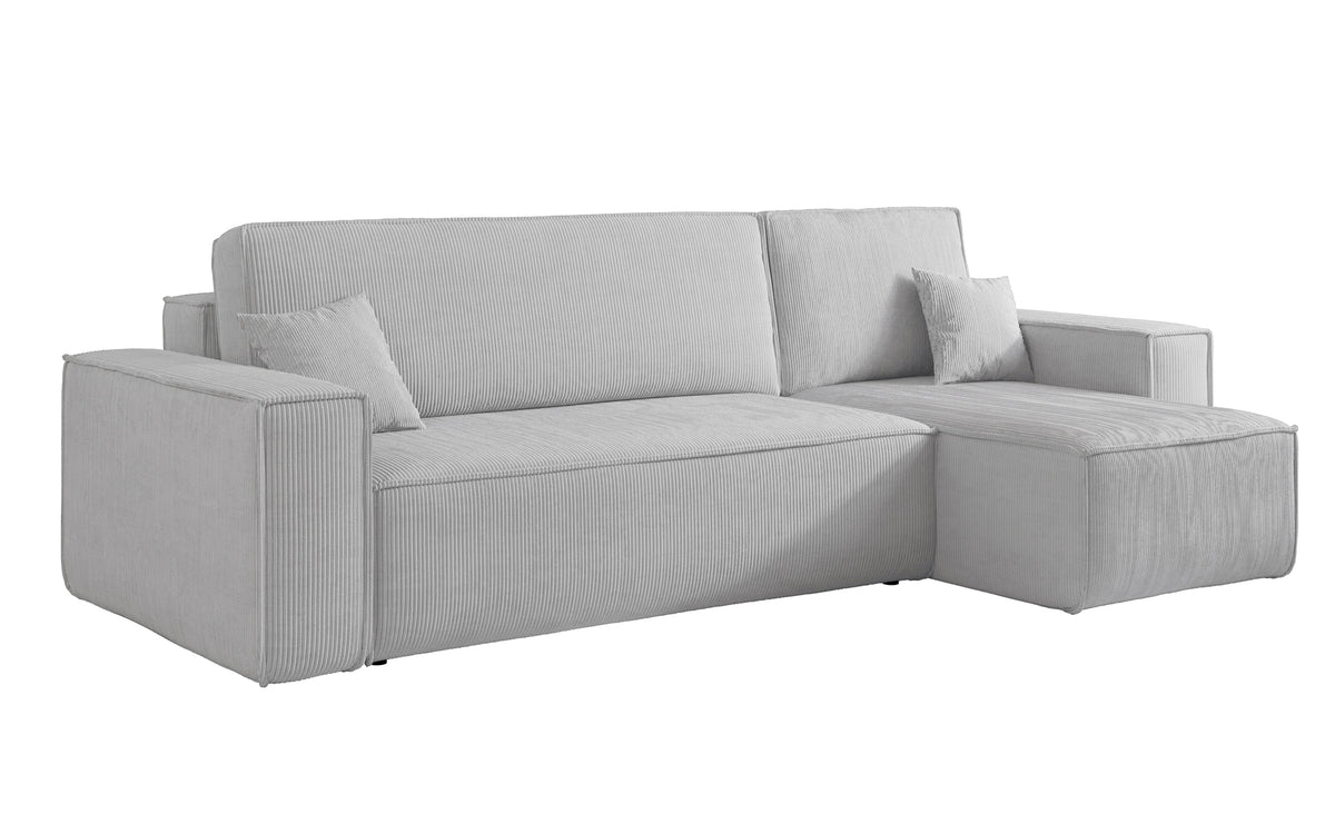 Ecksofa mit Schlaffunktion Scarlo, L-förmig, mit Stauraum, universell, hellgrauer Cordstoff