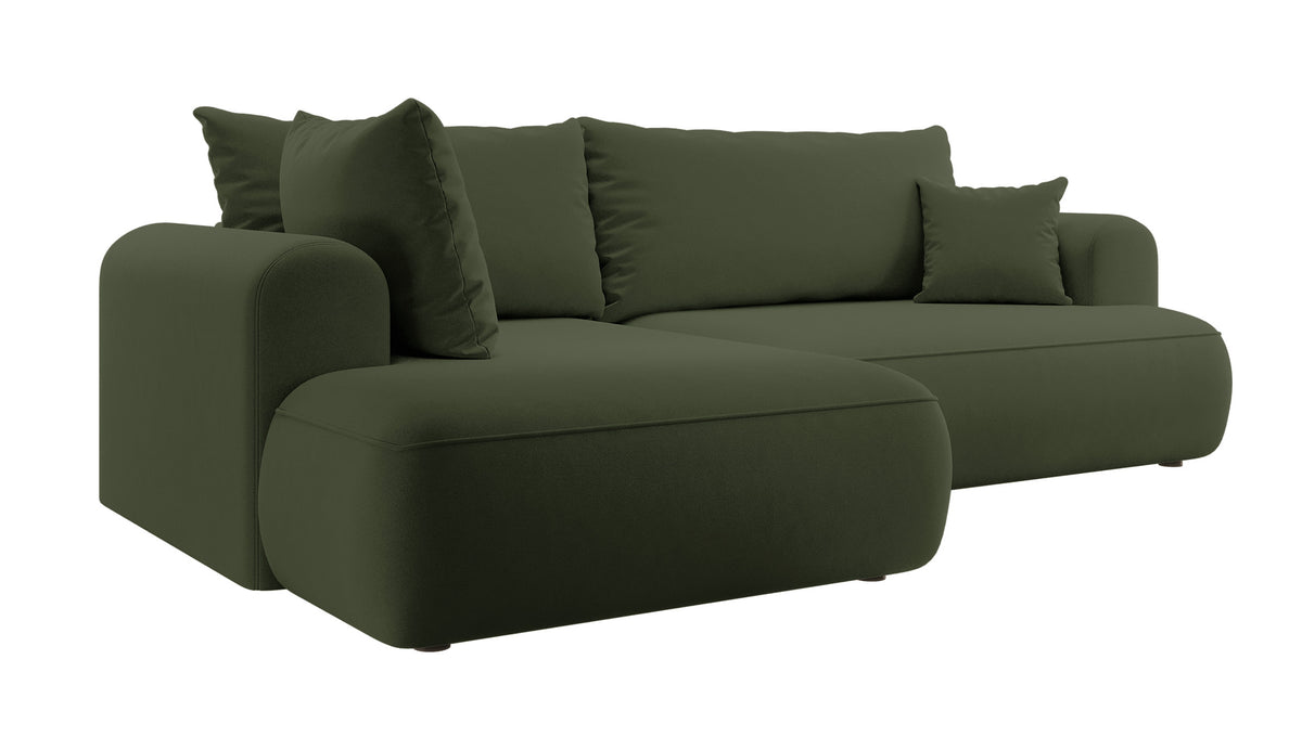 Canapé d'angle avec fonction couchage Ovo en L, accoudoir et coffre de rangement, velours olive facile d'entretien, version gauche