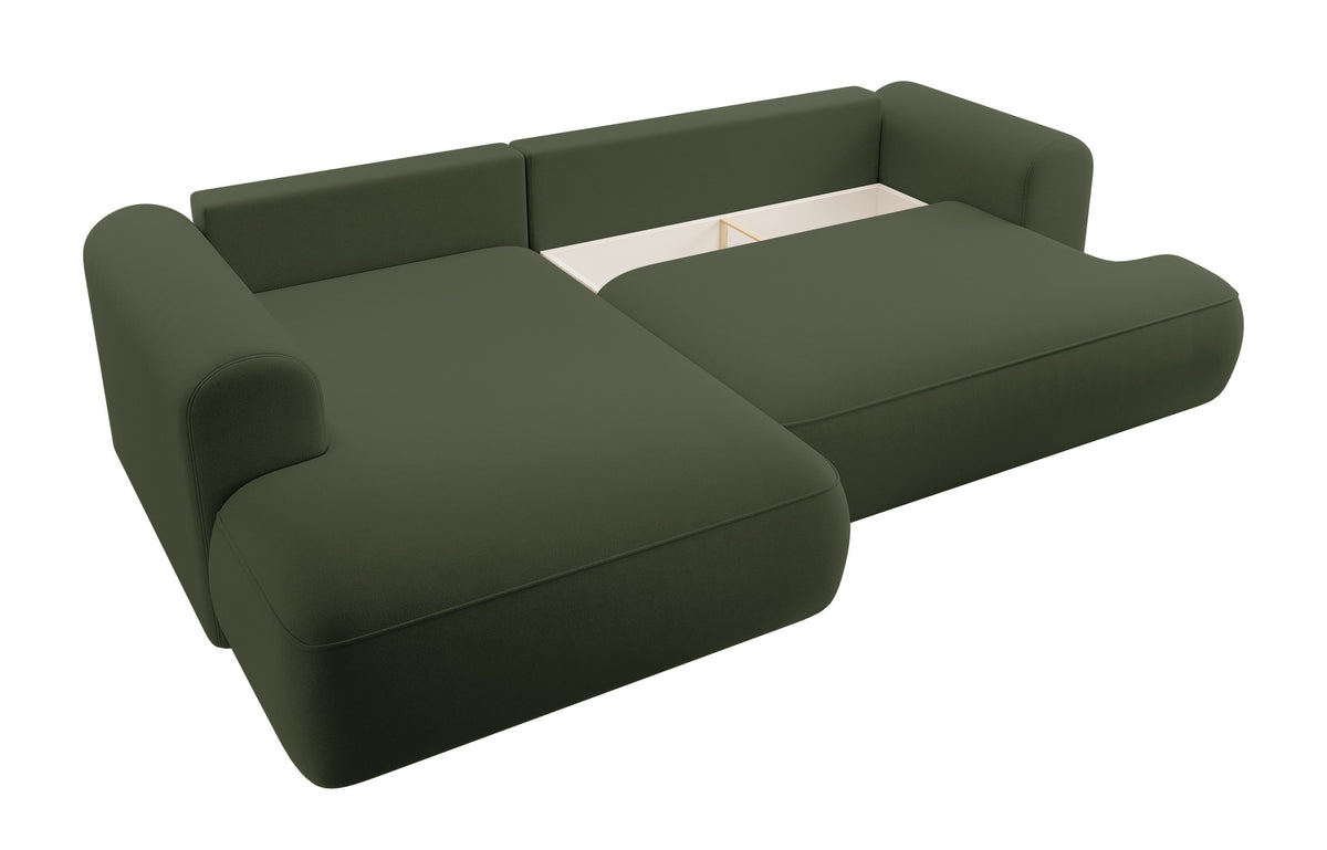 Canapé d'angle avec fonction couchage Ovo en L, accoudoir et coffre de rangement, velours olive facile d'entretien, version gauche