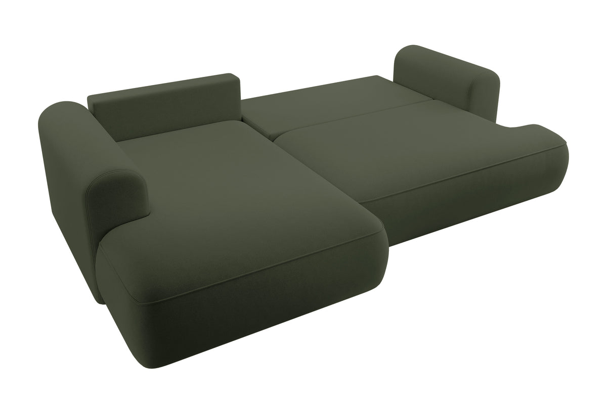 Canapé d'angle avec fonction couchage Ovo en L, accoudoir et coffre de rangement, velours olive facile d'entretien, version gauche