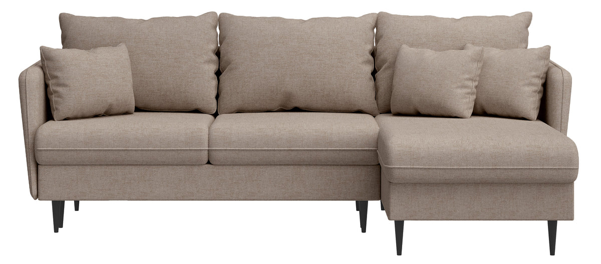 Canapé d'angle Volio avec fonction couchage, tissu chenille beige, pieds noirs, forme en L