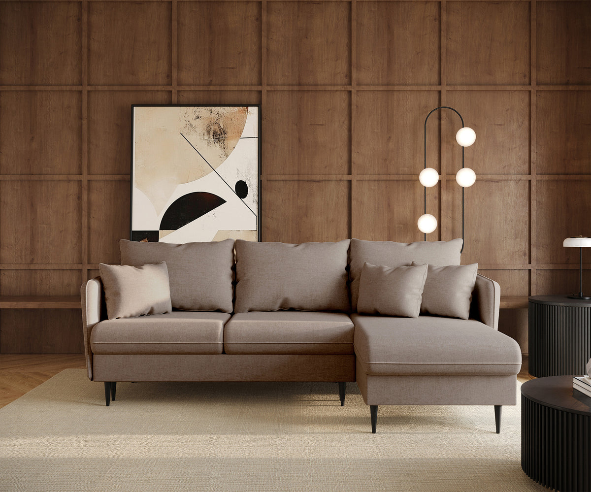 Canapé d'angle Volio avec fonction couchage, tissu chenille beige, pieds noirs, forme en L