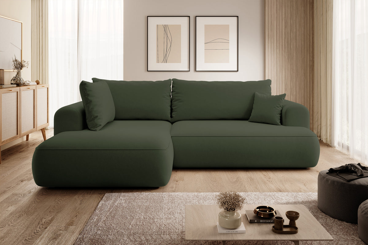 Canapé d'angle avec fonction couchage Ovo en L, accoudoir et coffre de rangement, velours olive facile d'entretien, version gauche