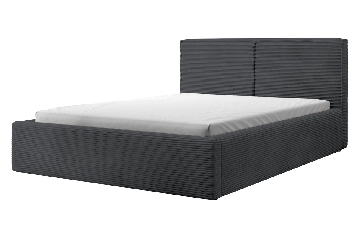 Lit tapissé 160x200 cm Farese avec rangement et vérin à gaz, velours côtelé gris foncé