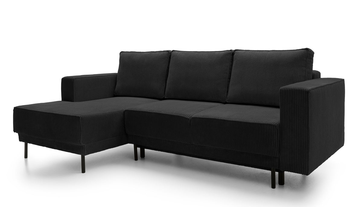 Canapé d'angle convertible Rodario mini en L avec coffre, velours côtelé noir, côté gauche