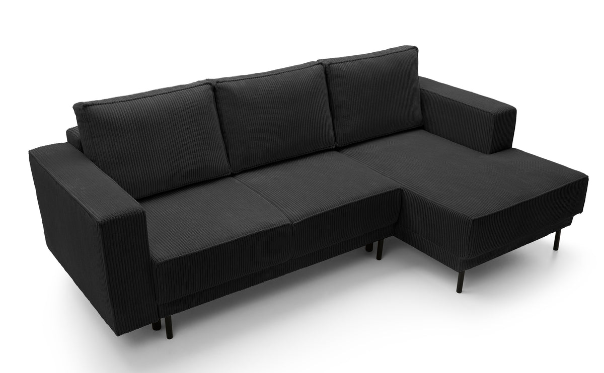 Canapé d'angle convertible Rodario mini en velours côtelé noir avec coffre, version droite en L