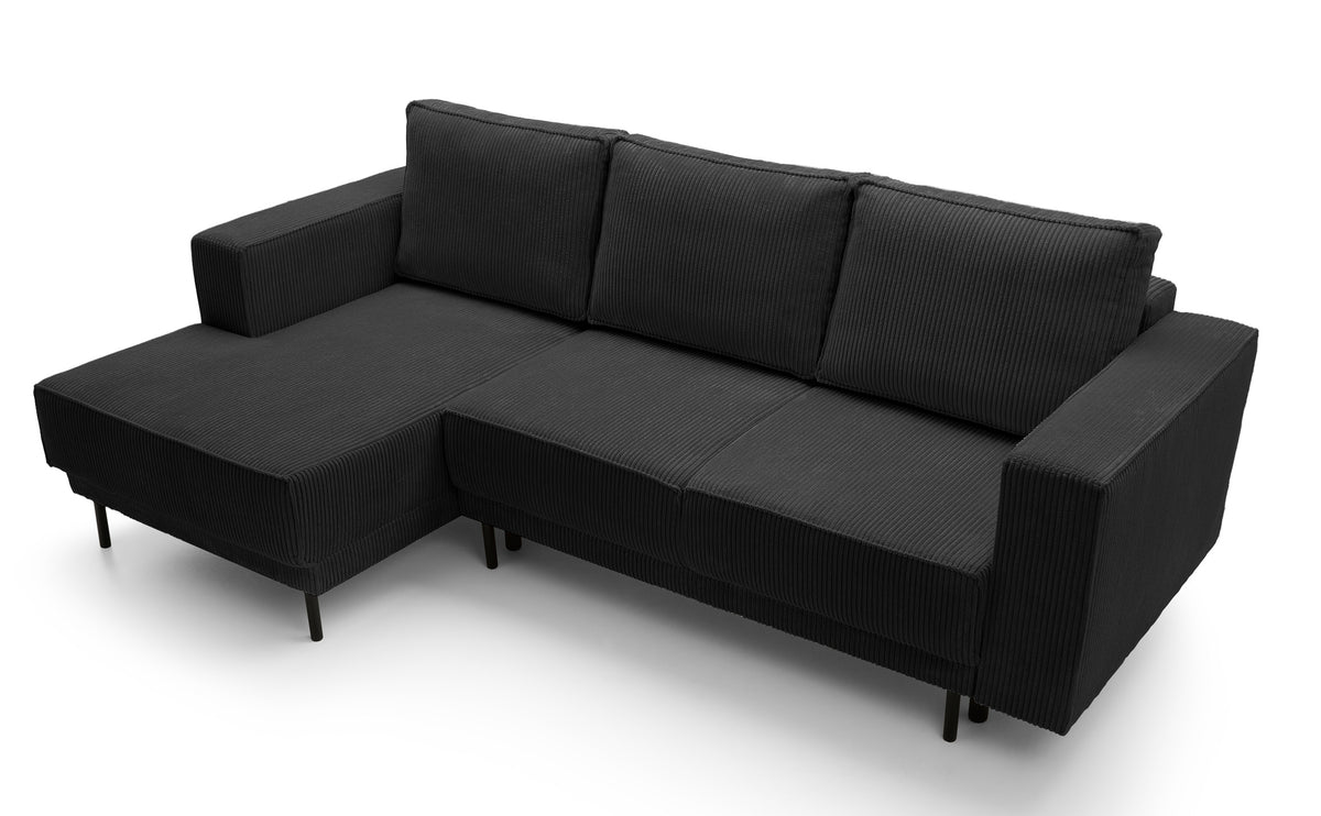 Canapé d'angle convertible Rodario mini en L avec coffre, velours côtelé noir, côté gauche