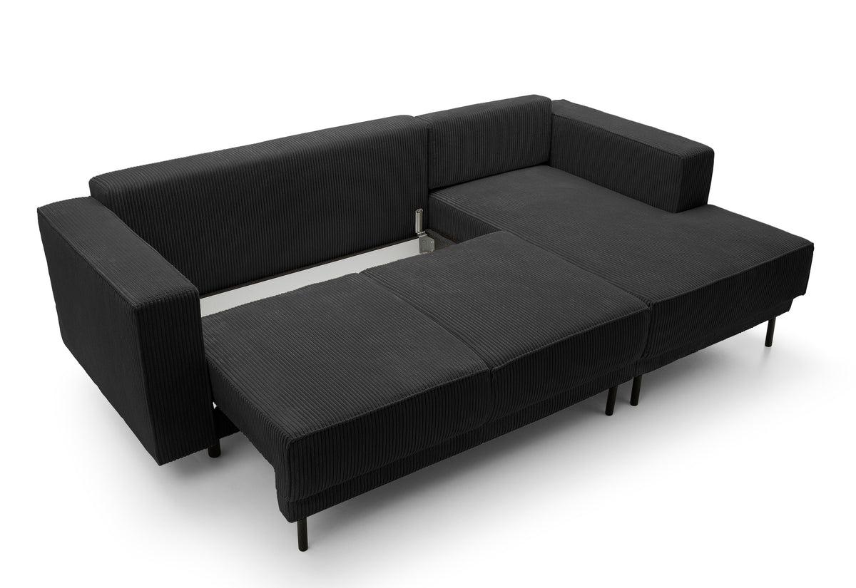 Canapé d'angle convertible Rodario mini en velours côtelé noir avec coffre, version droite en L