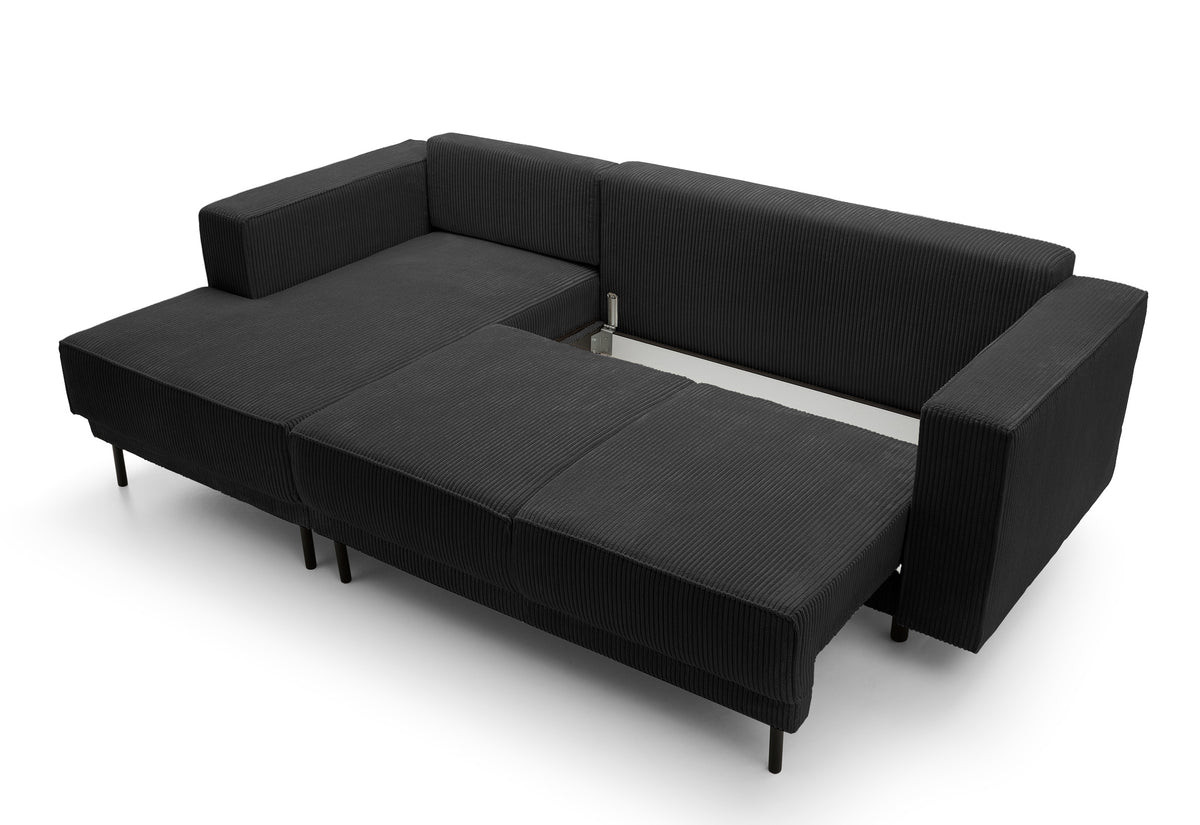Canapé d'angle convertible Rodario mini en L avec coffre, velours côtelé noir, côté gauche