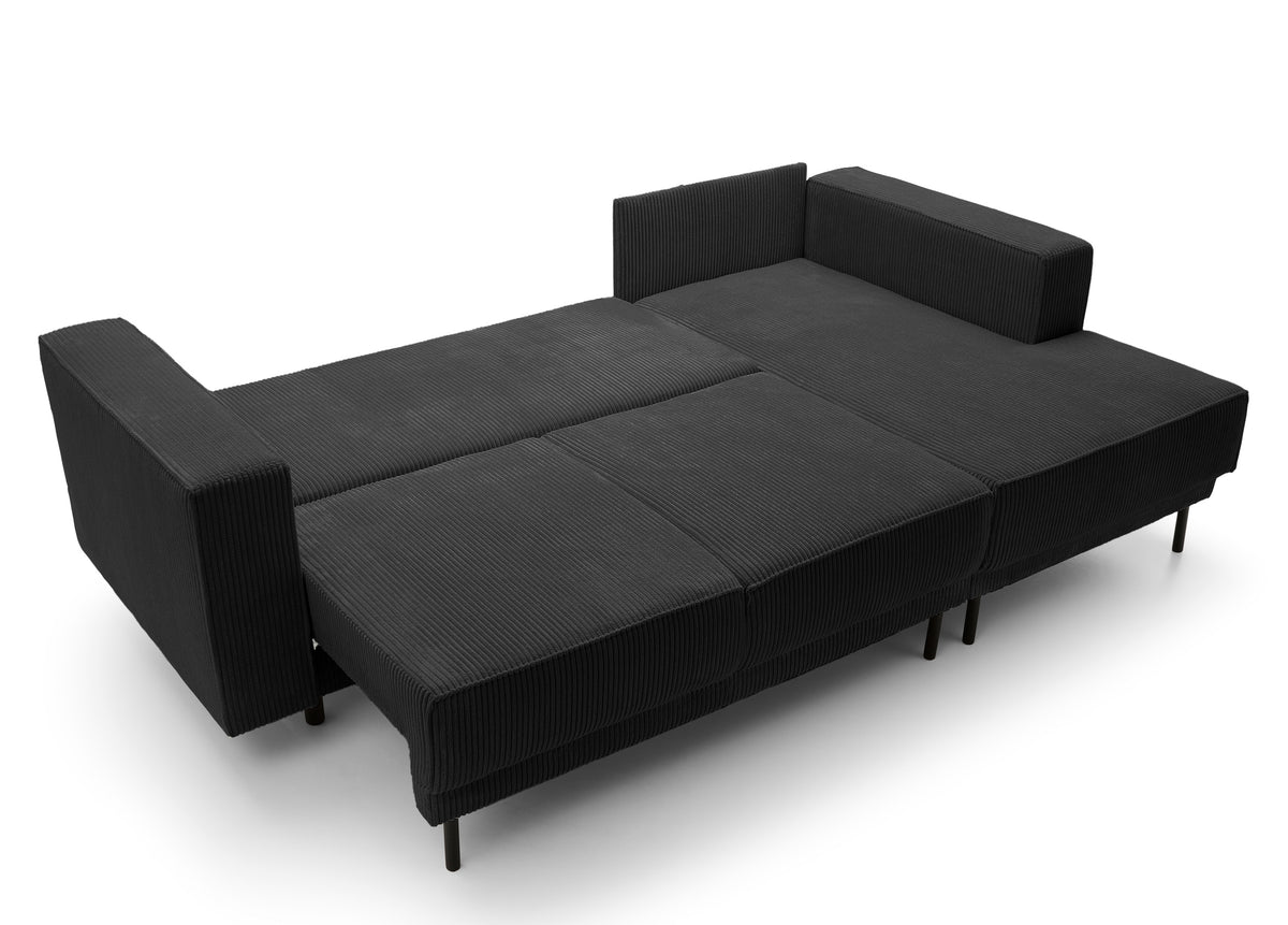 Canapé d'angle convertible Rodario mini en velours côtelé noir avec coffre, version droite en L