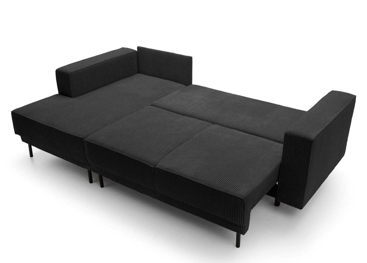 Canapé d'angle convertible Rodario mini en L avec coffre, velours côtelé noir, côté gauche