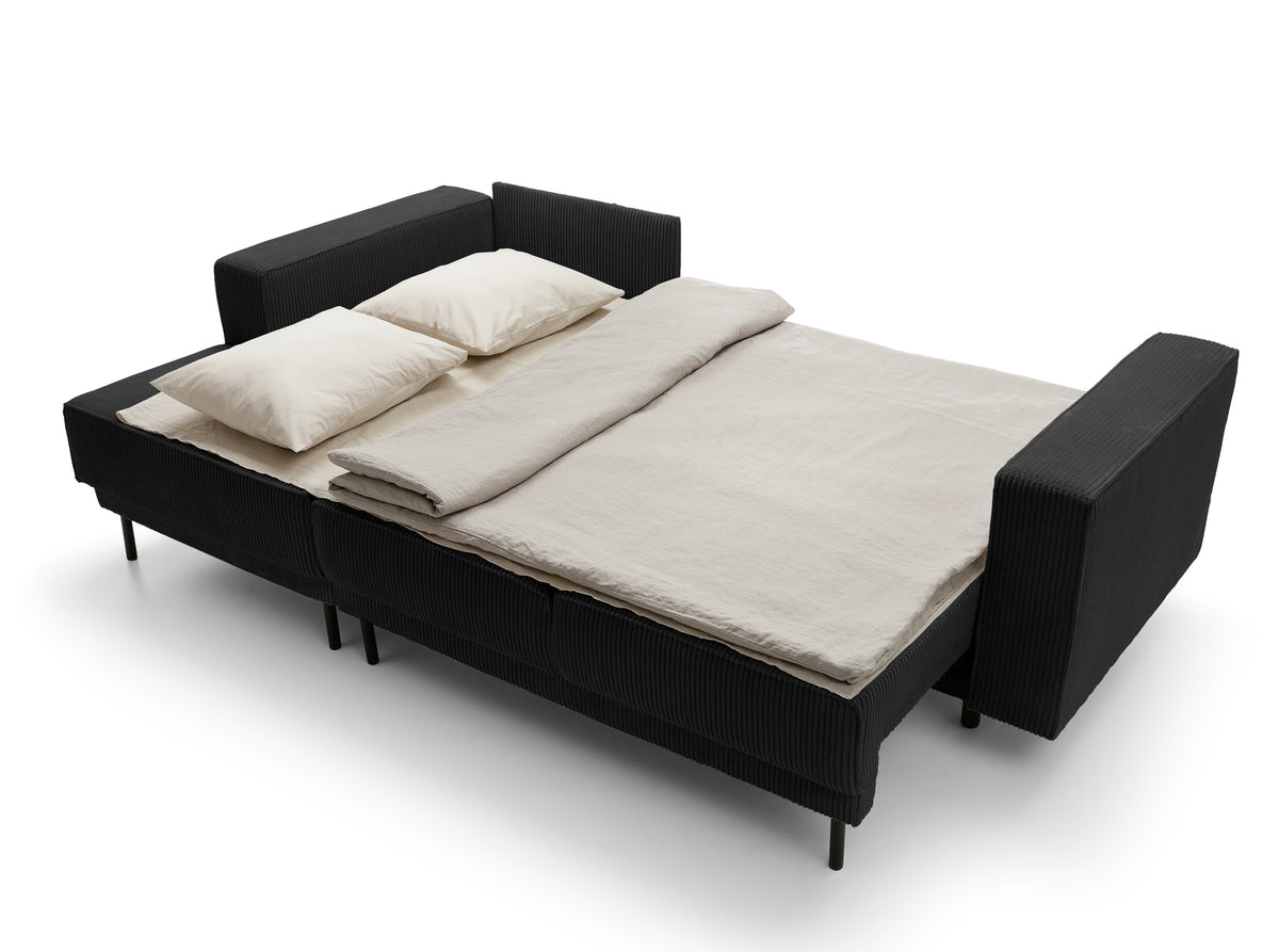 Canapé d'angle convertible Rodario mini en L avec coffre, velours côtelé noir, côté gauche
