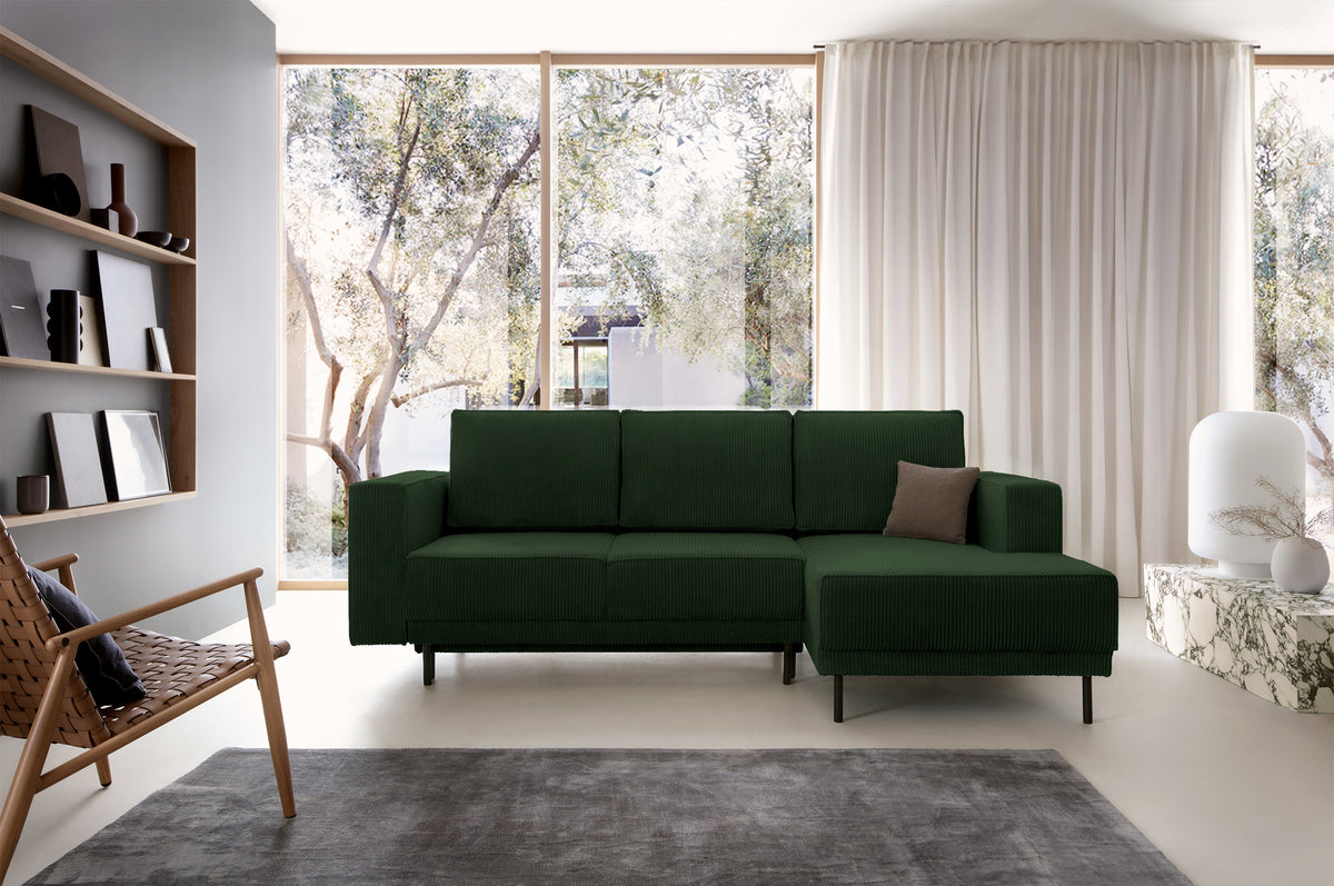 Ecksofa mit Schlaffunktion Rodario Mini, L-förmig, mit Stauraum, dunkelgrüner Cord, rechtsseitig