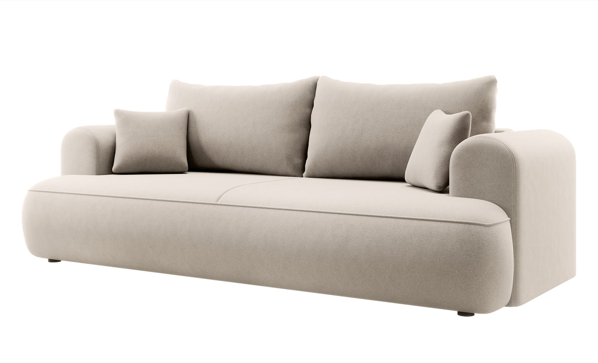 Dreisitziges ausklappbares Sofa Ovo mit Stauraum, hellbeiger Velours aus leicht zu reinigendem Stoff