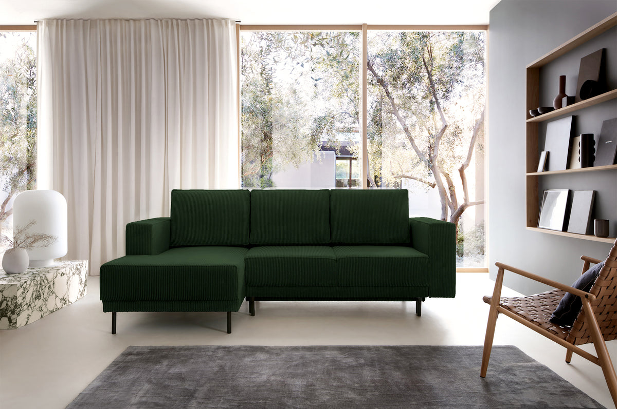 Ecksofa mit Schlaffunktion Rodario Mini, L-förmig, mit Stauraum, dunkelgrüner Cord, linksseitig