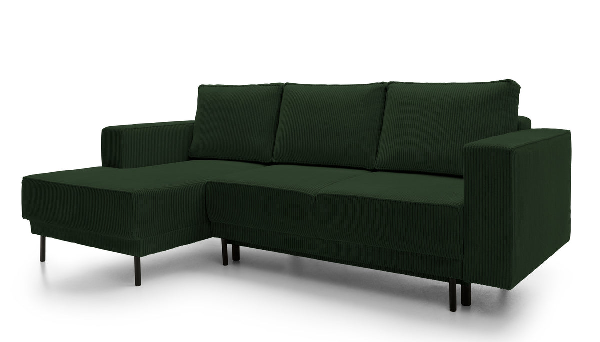 Ecksofa mit Schlaffunktion Rodario Mini, L-förmig, mit Stauraum, dunkelgrüner Cord, linksseitig