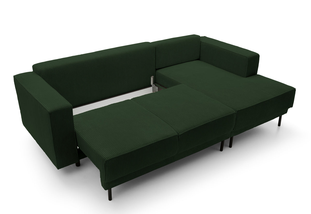 Ecksofa mit Schlaffunktion Rodario Mini, L-förmig, mit Stauraum, dunkelgrüner Cord, rechtsseitig