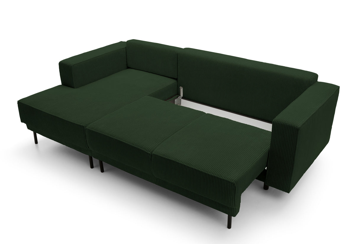 Ecksofa mit Schlaffunktion Rodario Mini, L-förmig, mit Stauraum, dunkelgrüner Cord, linksseitig