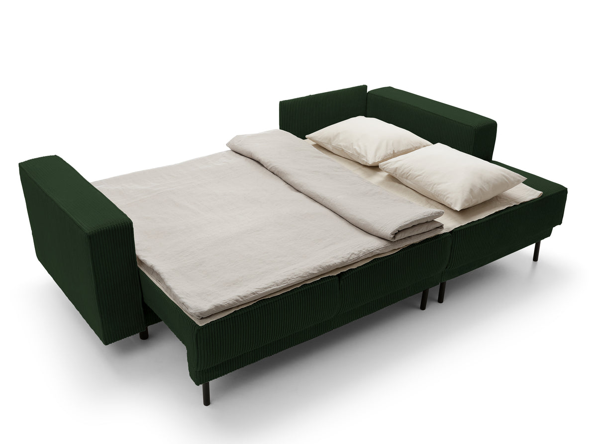 Ecksofa mit Schlaffunktion Rodario Mini, L-förmig, mit Stauraum, dunkelgrüner Cord, rechtsseitig