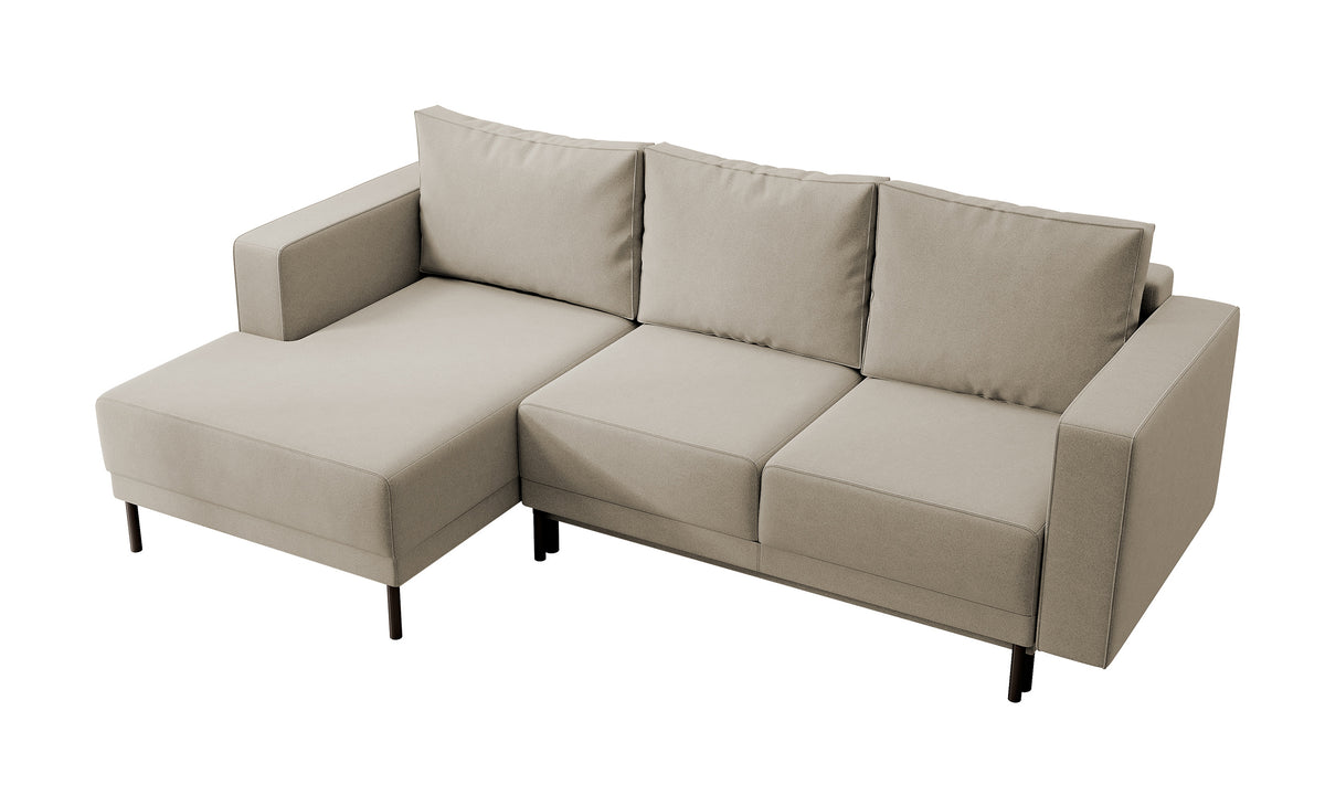 Canapé d'angle convertible Rodario mini en velours beige facile à nettoyer avec rangement, modèle en L, côté gauche
