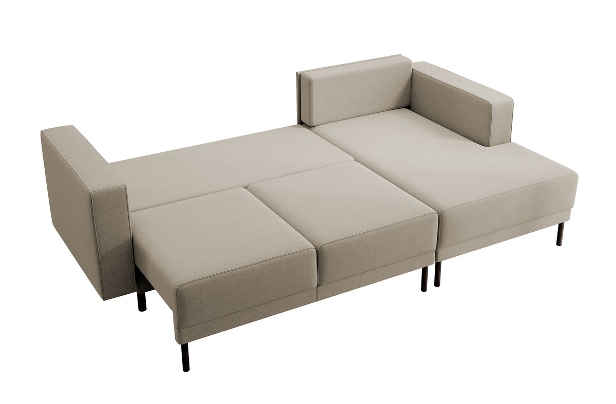 Canapé d'angle avec fonction couchage Rodario mini en L, avec coffre, velours beige facile à nettoyer, orientation droite