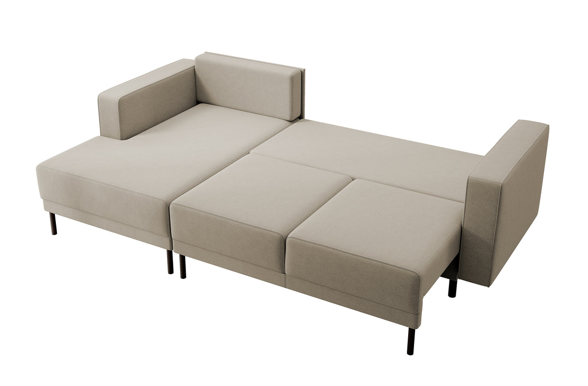 Canapé d'angle convertible Rodario mini en velours beige facile à nettoyer avec rangement, modèle en L, côté gauche