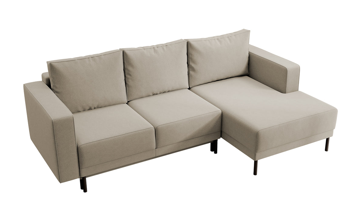 Canapé d'angle avec fonction couchage Rodario mini en L, avec coffre, velours beige facile à nettoyer, orientation droite