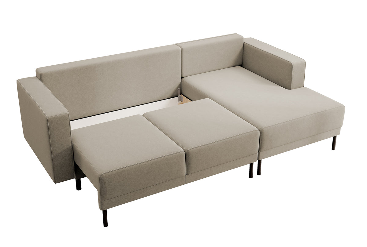 Canapé d'angle avec fonction couchage Rodario mini en L, avec coffre, velours beige facile à nettoyer, orientation droite