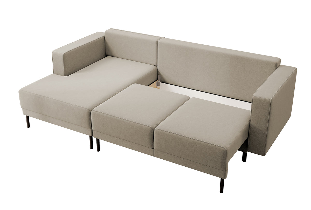 Canapé d'angle convertible Rodario mini en velours beige facile à nettoyer avec rangement, modèle en L, côté gauche