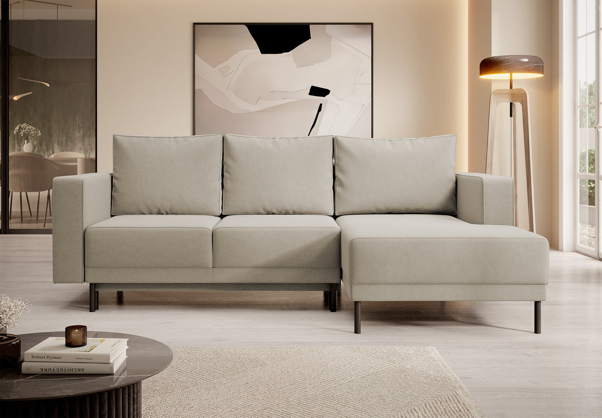 Canapé d'angle avec fonction couchage Rodario mini en L, avec coffre, velours beige facile à nettoyer, orientation droite
