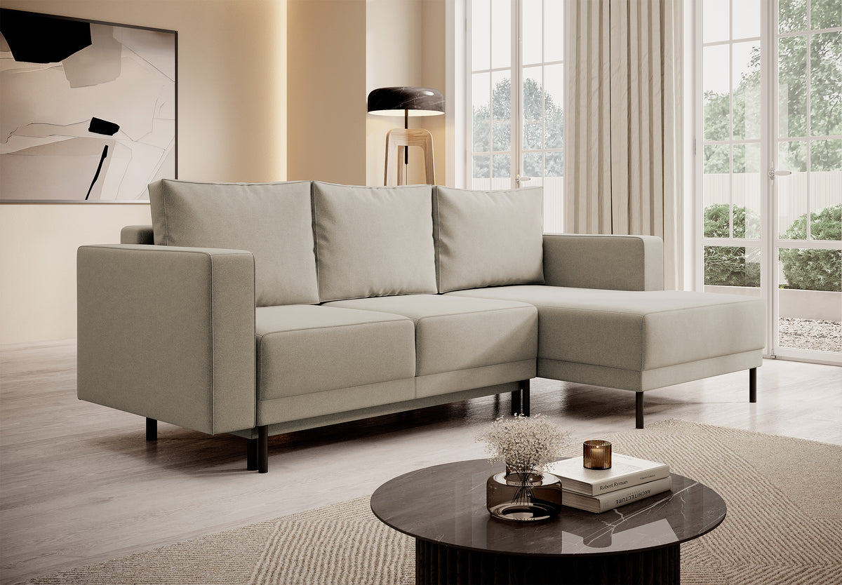 Canapé d'angle avec fonction couchage Rodario mini en L, avec coffre, velours beige facile à nettoyer, orientation droite