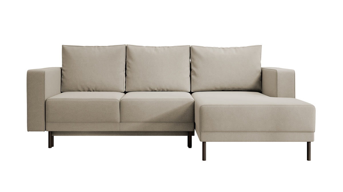 Canapé d'angle avec fonction couchage Rodario mini en L, avec coffre, velours beige facile à nettoyer, orientation droite