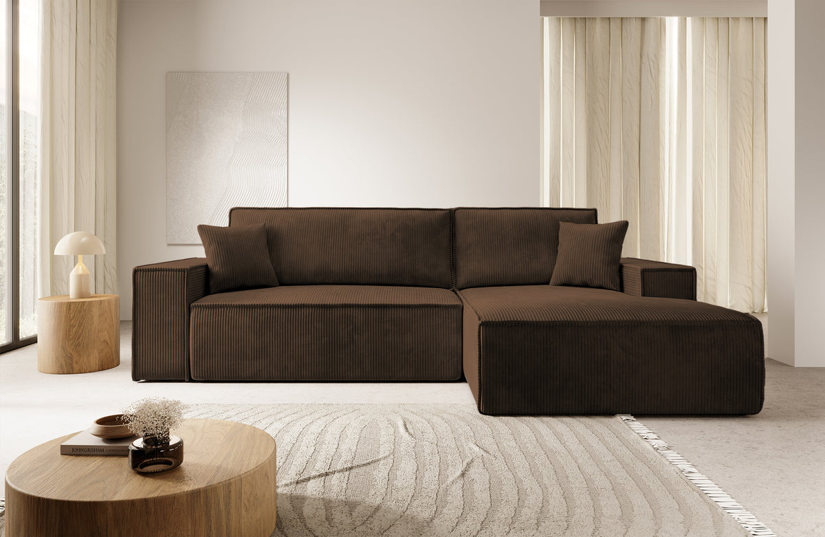 Canapé d'angle avec fonction couchage Farese New en velours côtelé brun, modèle droit avec coffre de rangement
