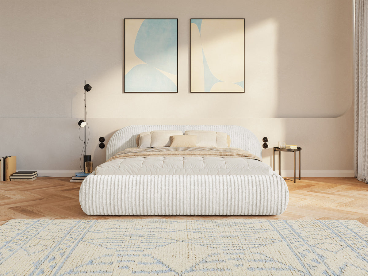 Lit tapissé 140x200 cm Shels Low avec rangement, cadre métallique, velours côtelé épais gris clair